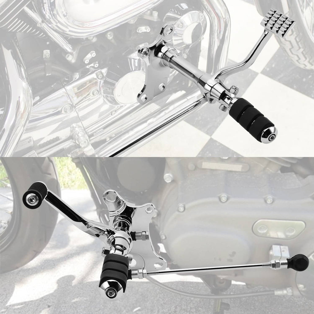 Forward control lever installed on motorcycle frame, chrome finish with black rubber peg