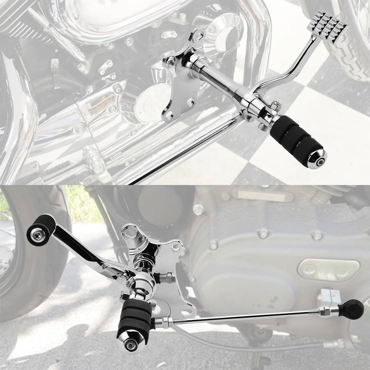Forward control lever installed on motorcycle frame, chrome finish with black rubber peg