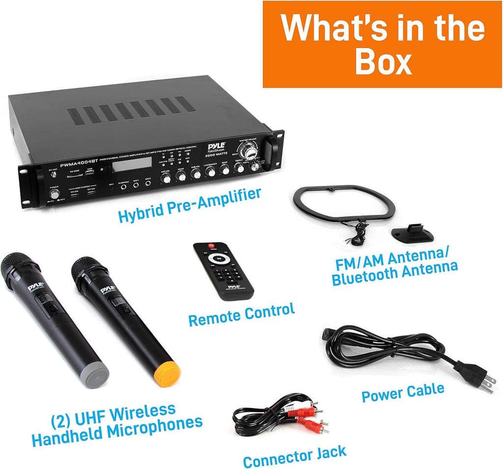 Hybrid pre-amplifier kit with two wireless microphones, remote control, antenna, and power cable