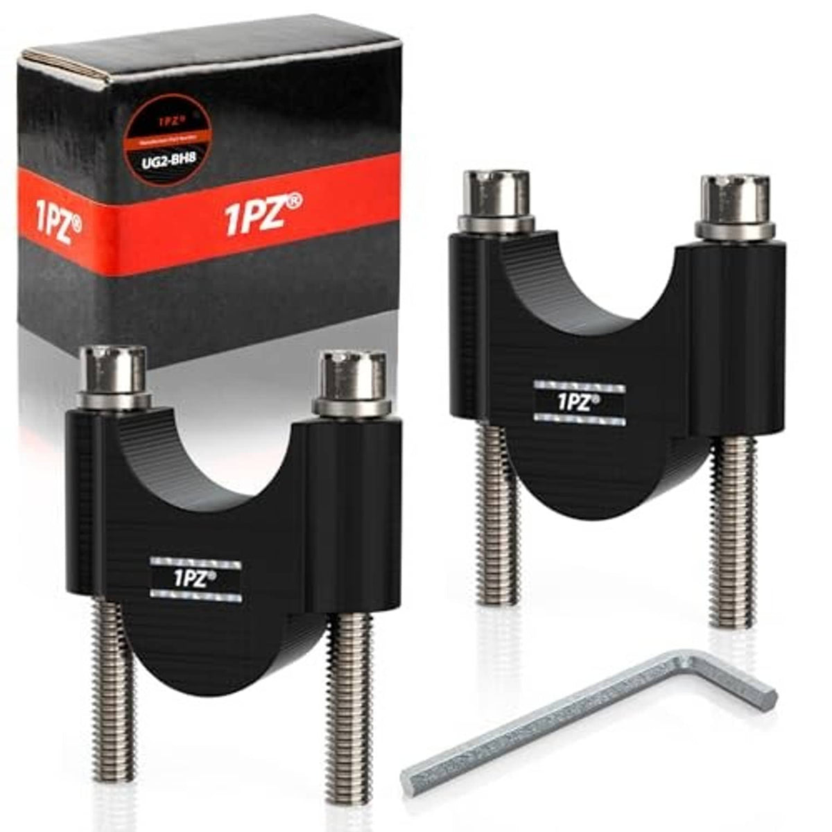 Black motorcycle handlebar riser replacement clamps with bolts and included hex wrench