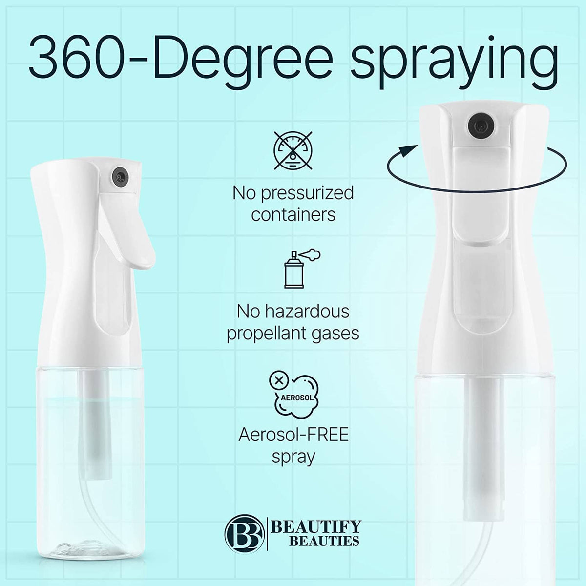 White 360-degree mist spray bottle with nozzle, front and side views shown