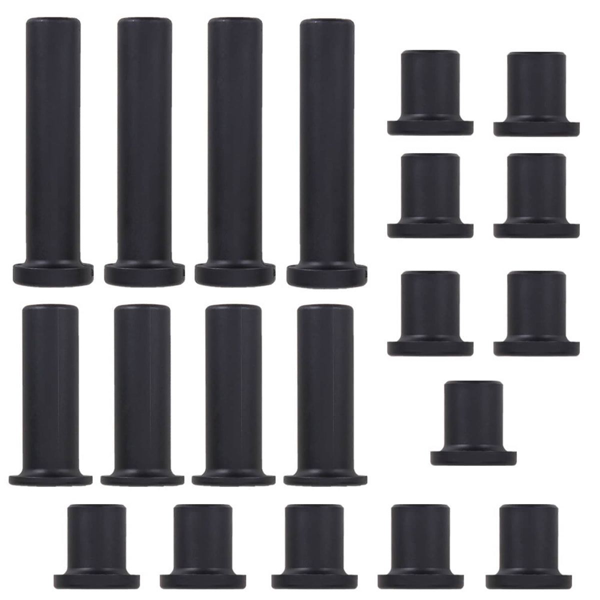 Black rubber bushing sleeves with flanged bases, shown in a grouped close-up