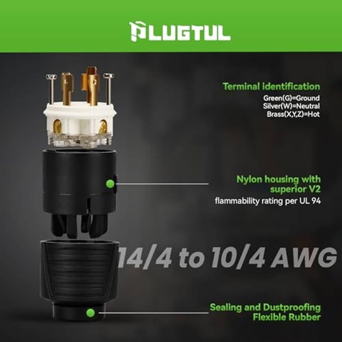 Locking generator twist-lock male plug with nylon housing, gold terminals, black base