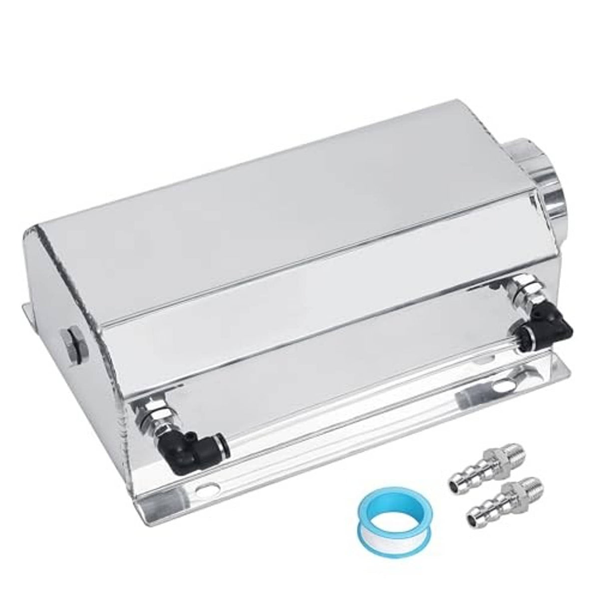 Silver aluminum coolant overflow tank with blue seal ring and included hose fittings