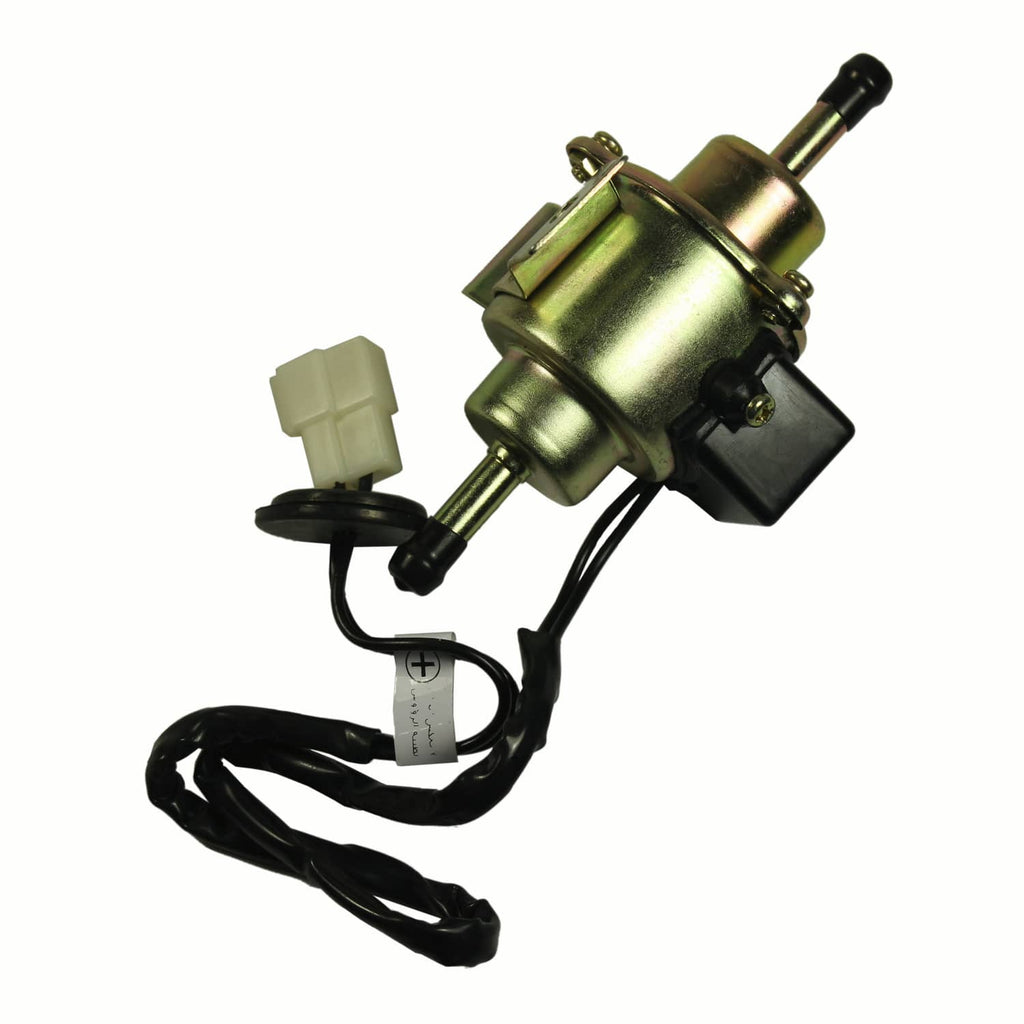 Electric fuel pump with gold body, black module, and white connector plug on cable