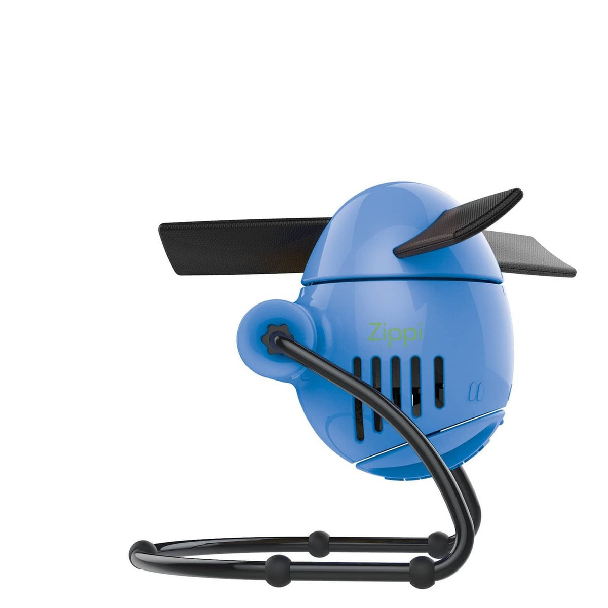 Blue foldable fan with vented front and flexible arms with black grille shields