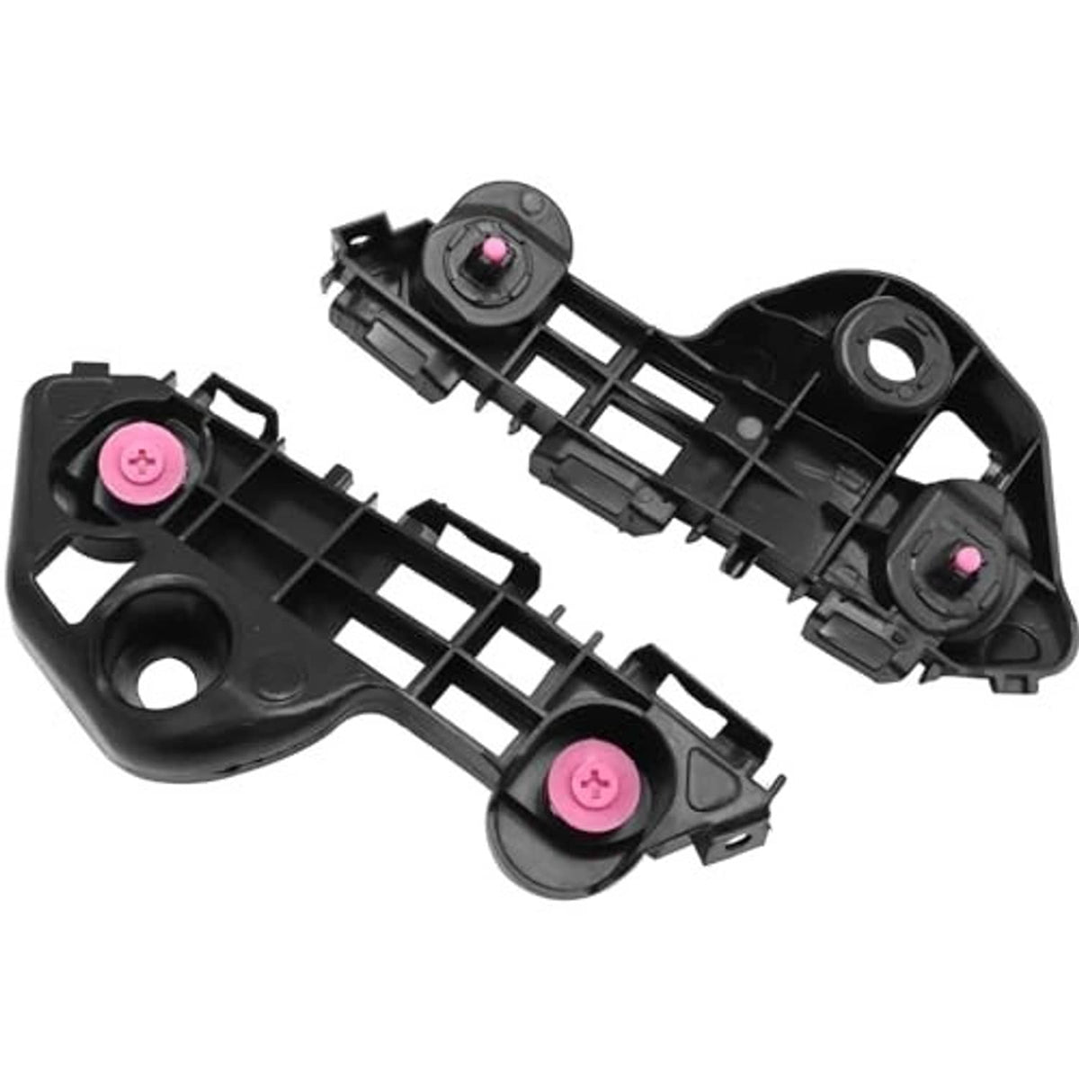 Black plastic bumper bracket retainers, left and right with pink fasteners and large openings