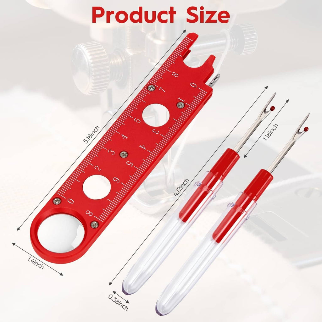 Red needle threader with measuring ruler and two clear-bodied threading tools