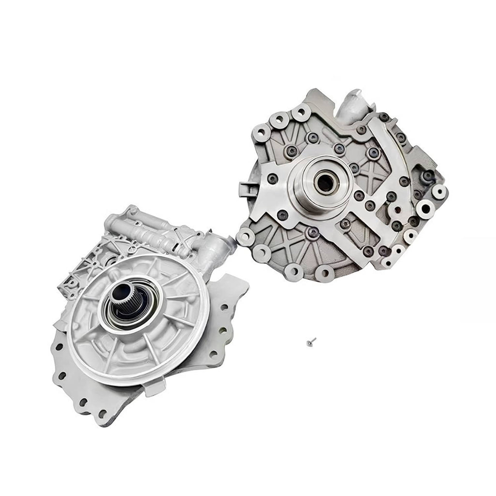 Transmission pump assembly set with two matching metal housings, separated view