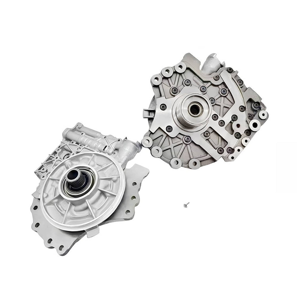 Transmission pump assembly set with two matching metal housings, separated view