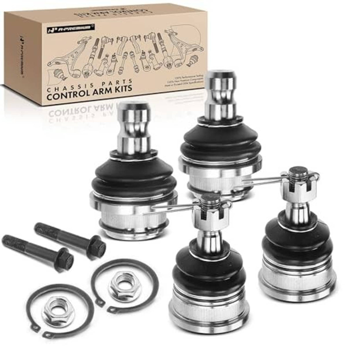 Set of four front upper and lower ball joints with black rubber boots and hardware included