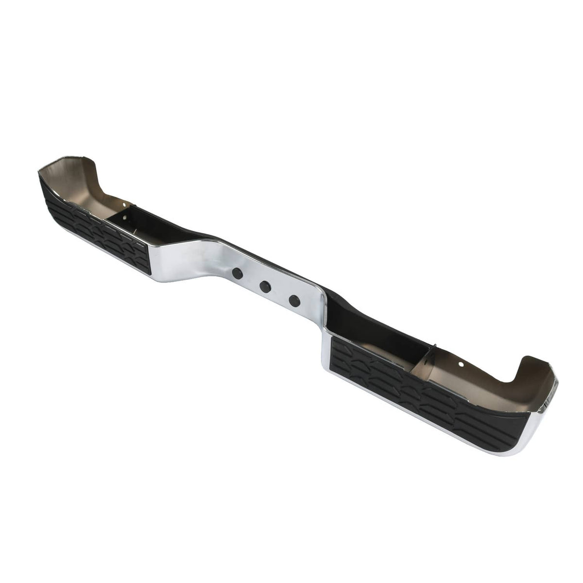 Rear step bumper face bar side profile, chrome frame with black textured surfaces