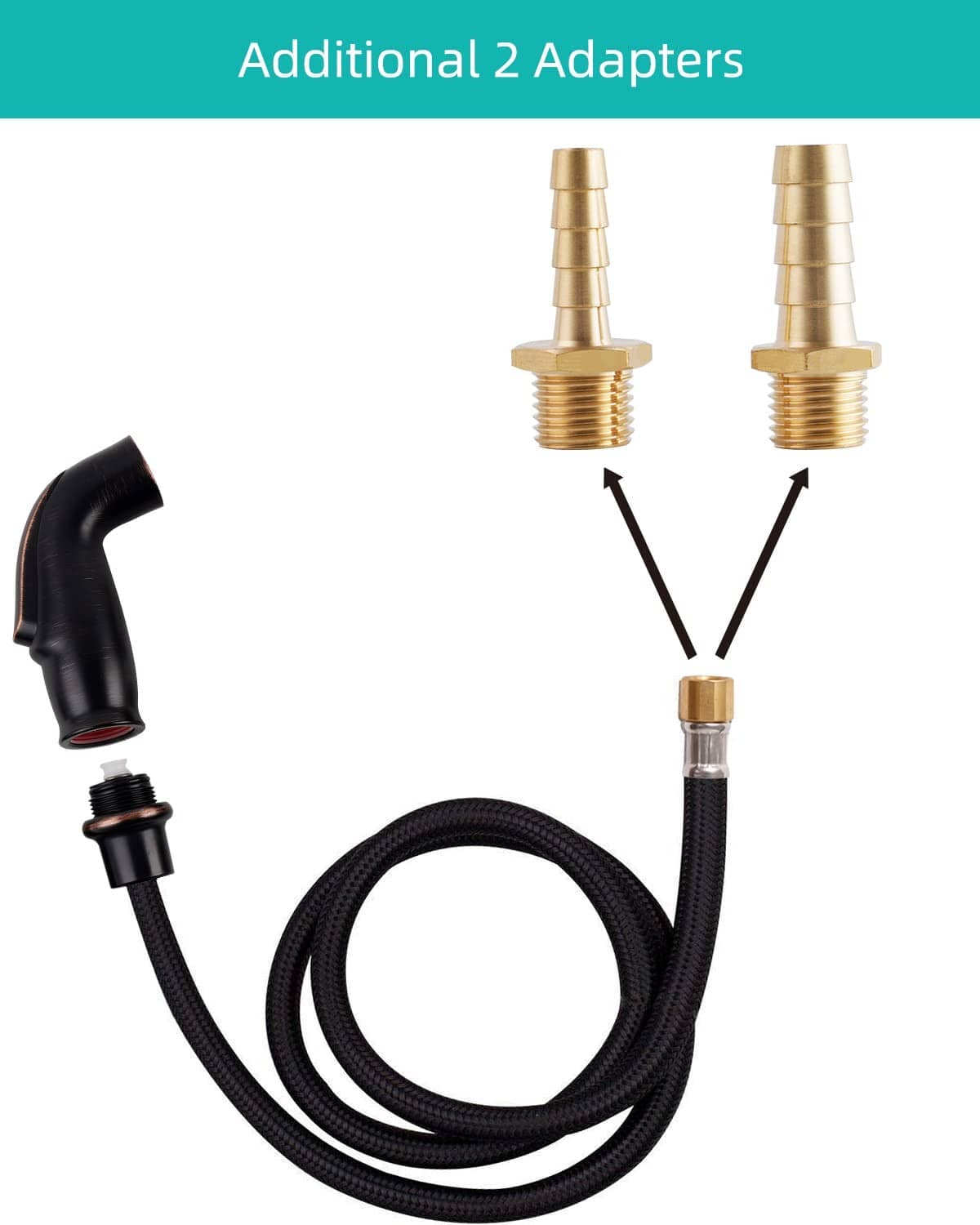 Universal sink sprayer kit with black spray head, black braided hose, and two bronze adapters