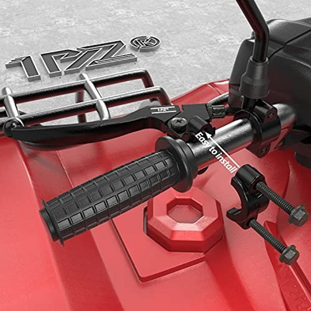 Black clutch and brake lever handles installed on a red ATV handlebar area
