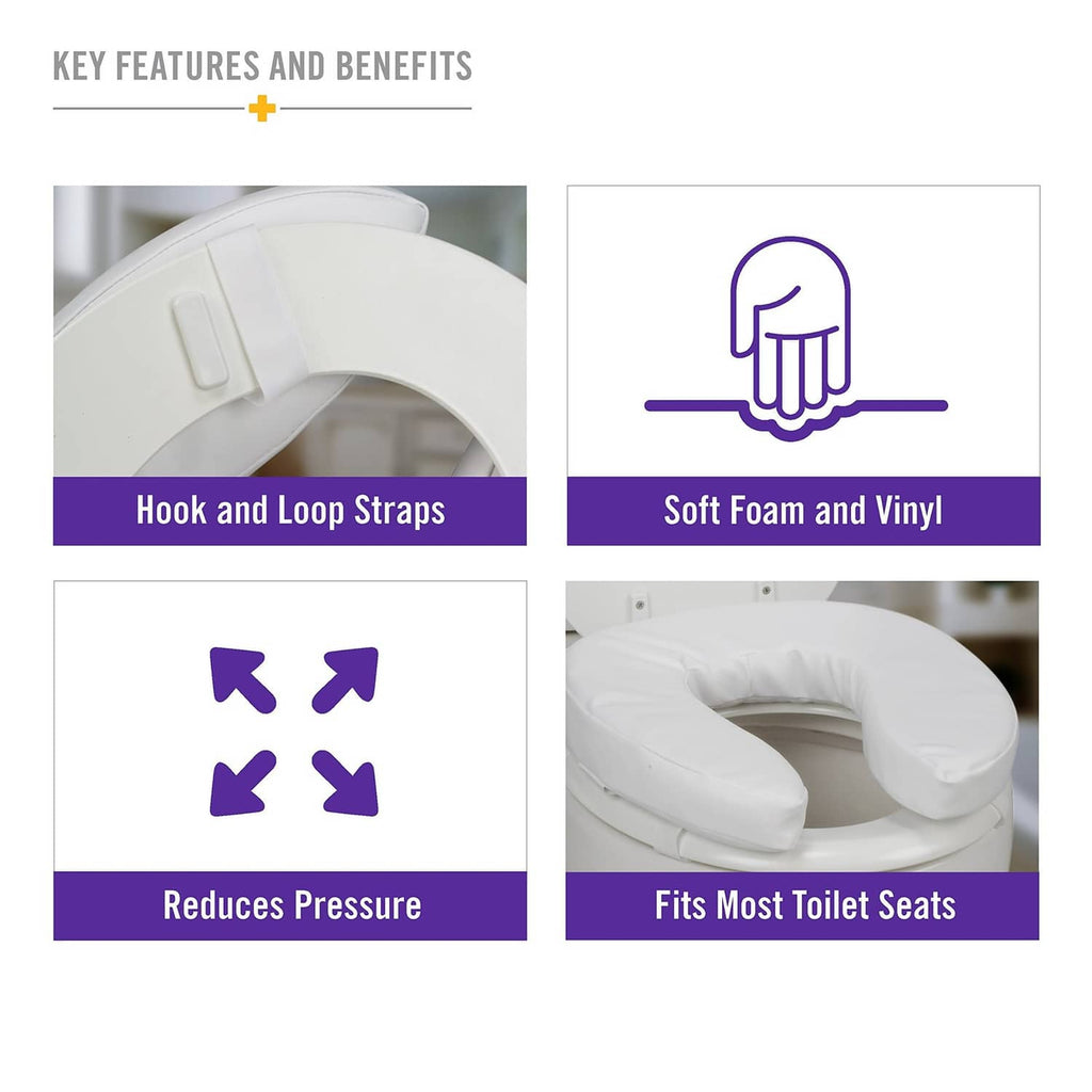 Toilet seat cushion with hook-and-loop straps, soft foam and vinyl upholstery