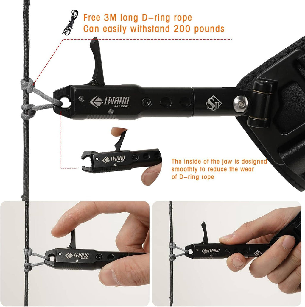 Archery trigger release aid with D-ring rope attachment and padded wrist strap.