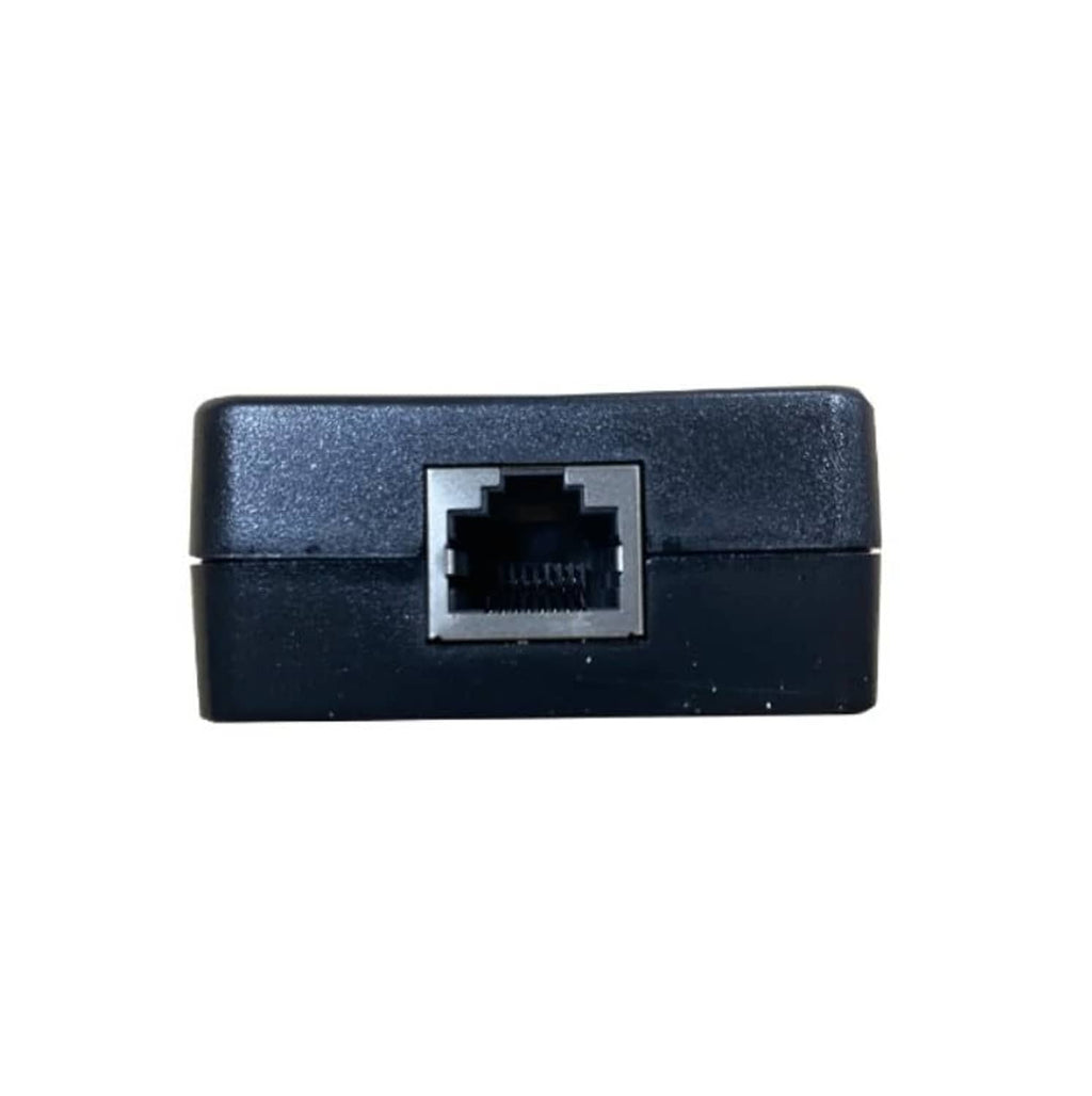 Compact PoE injector with single RJ45 jack on dark blue plastic housing