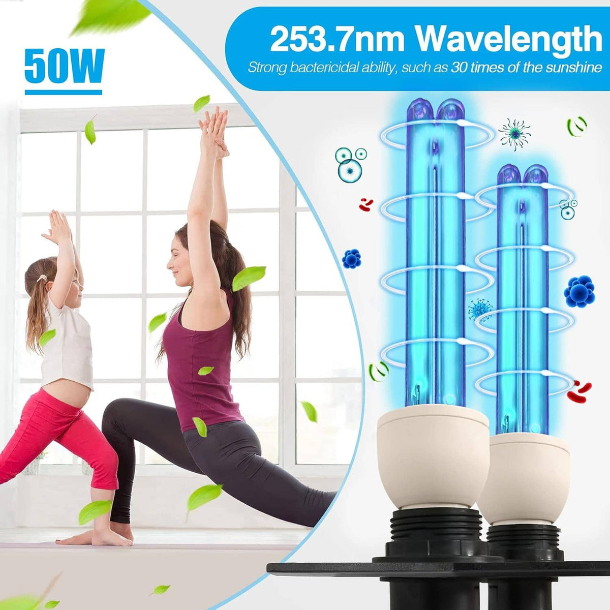 50W UV disinfection lamp with two tubes and illuminated bulb graphic