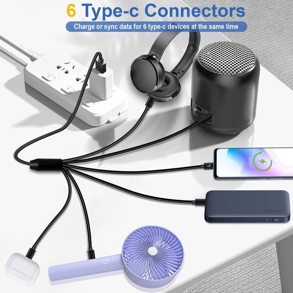 Black 6 Type-C connectors cable with multiple device charging and data sync