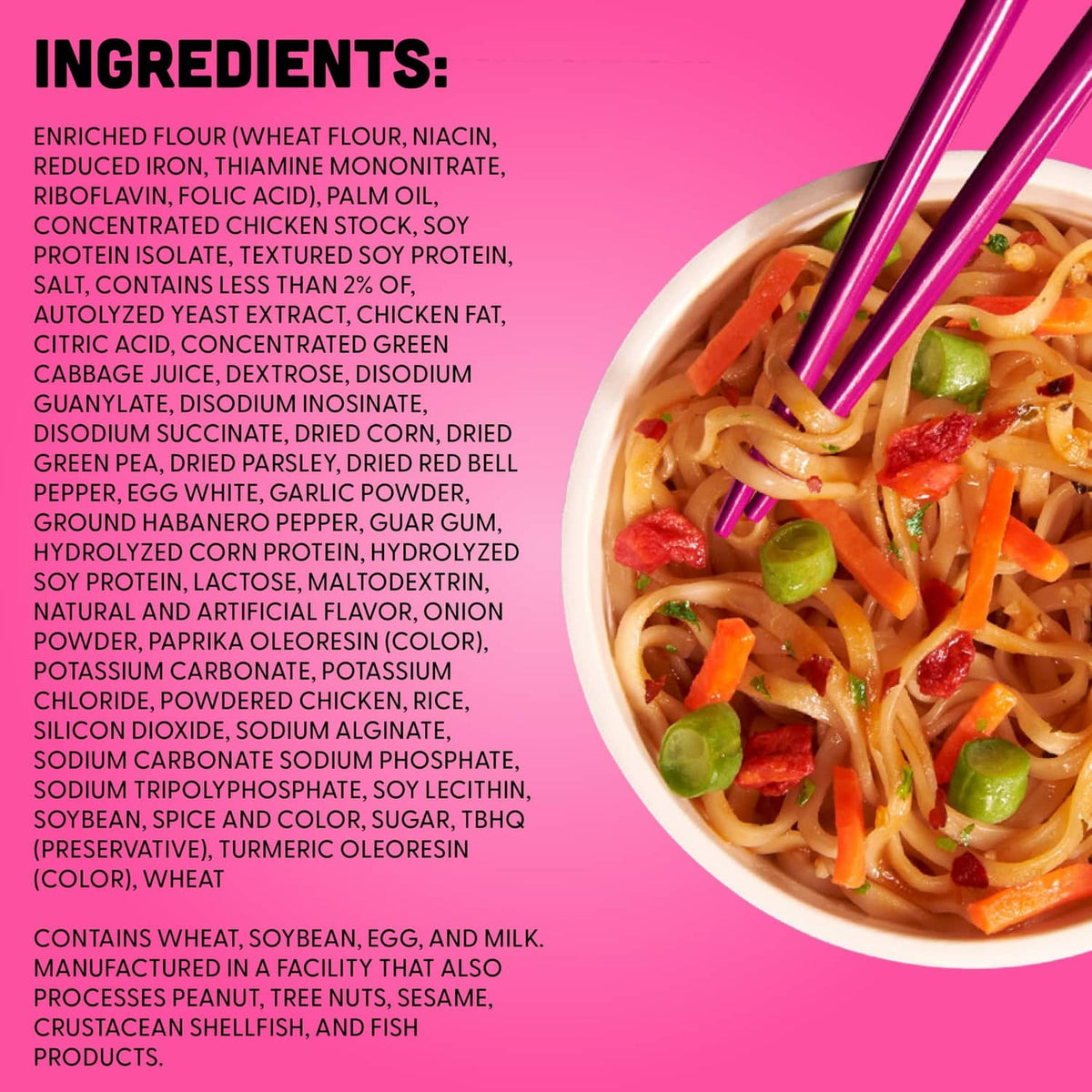 Cup noodles Stir Fry with ingredient list panel and chopsticks over noodles