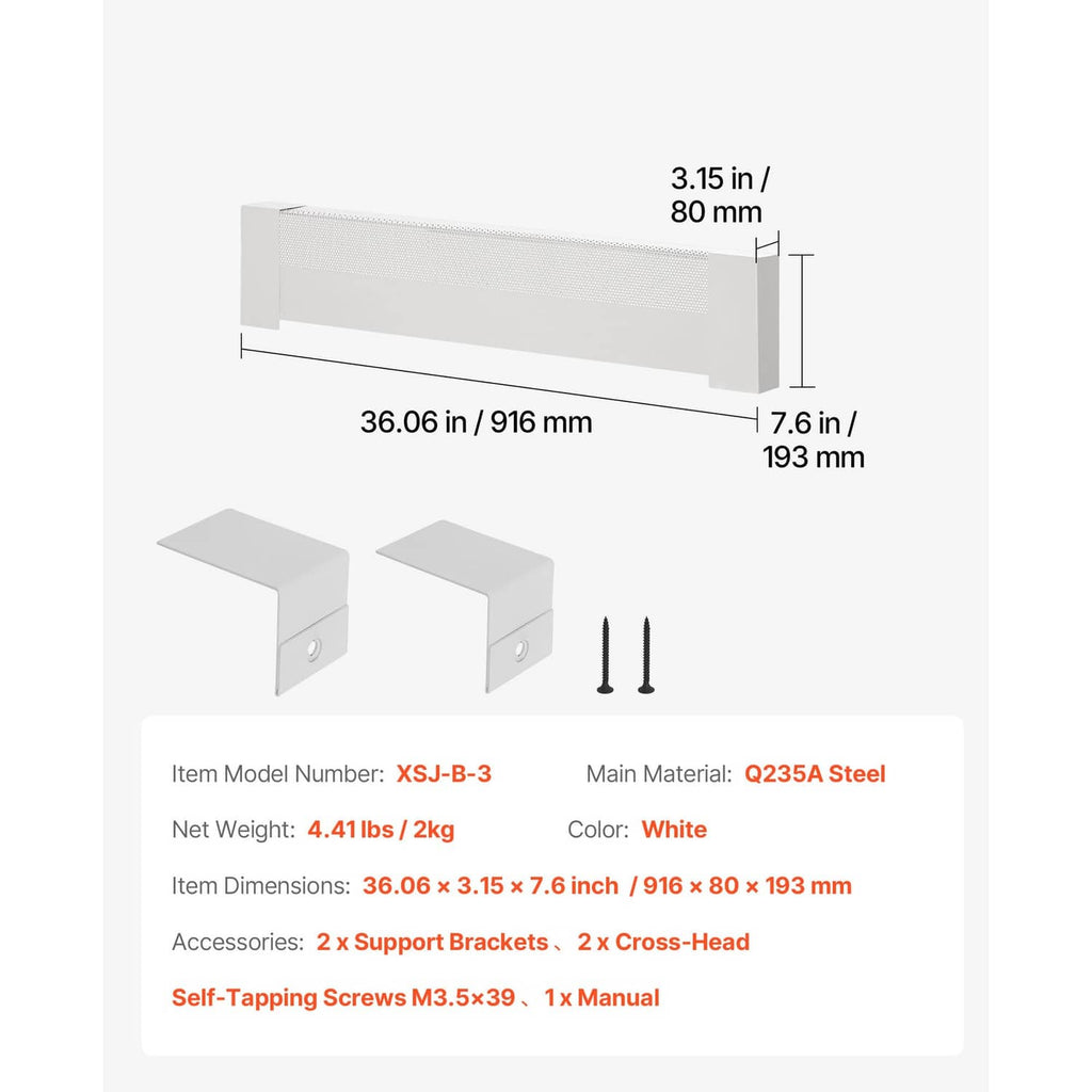 White baseboard heater cover kit with two brackets and mounting screws, 3 ft