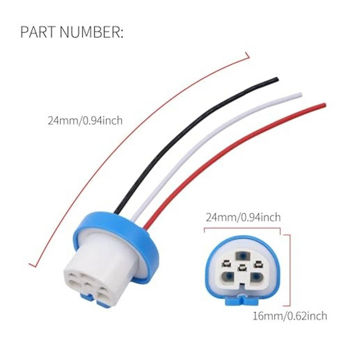 Male connector plug with blue collar and black/white/red wires, with front pin layout detail
