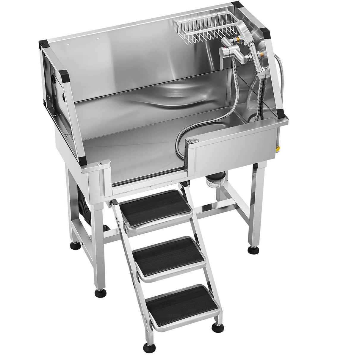Stainless steel pet grooming tub with stairs and stair-mounted faucet