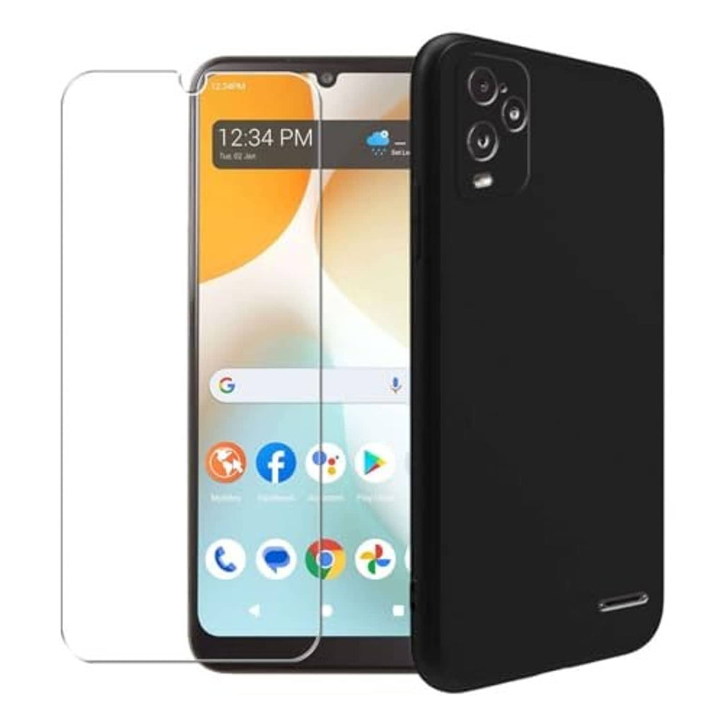 Black phone case with clear front screen protector over a smartphone