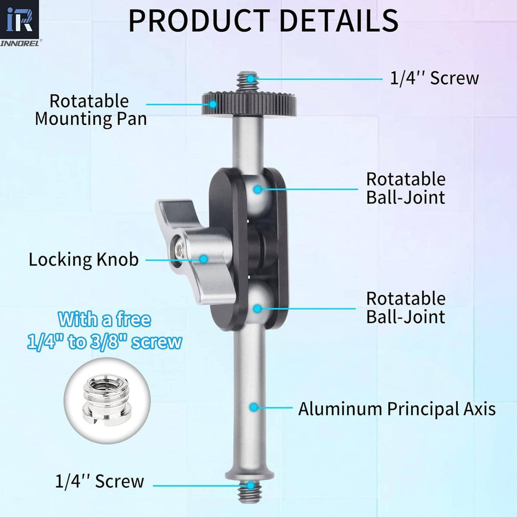 Rotatable dual ball-head tripod mount with 1/4" screw and adjustable arms