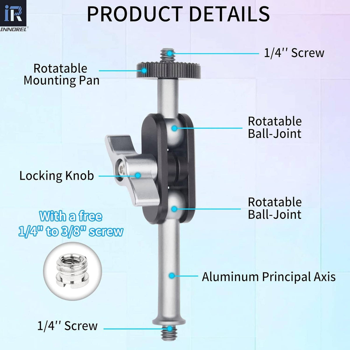 Rotatable dual ball-head tripod mount with 1/4" screw and adjustable arms