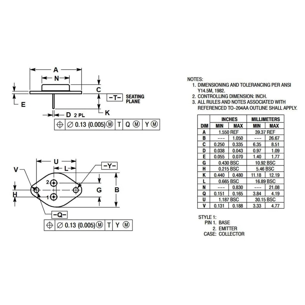2N3771 TO-3 transistor mechanical dimension diagram with pin and seating plate notes