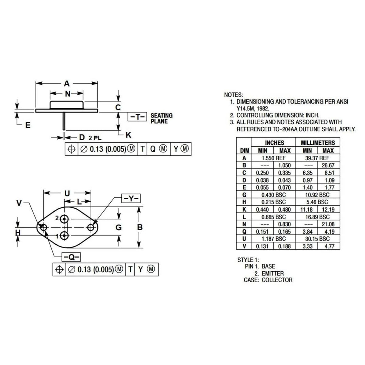 2N3771 TO-3 transistor mechanical dimension diagram with pin and seating plate notes