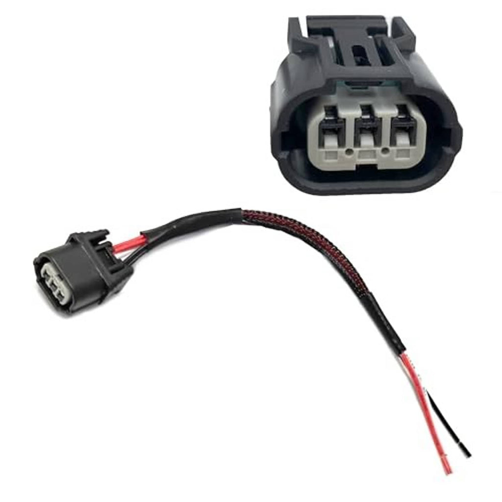 3-way female connector plug pigtail harness with triple-pin socket, black housing, wires