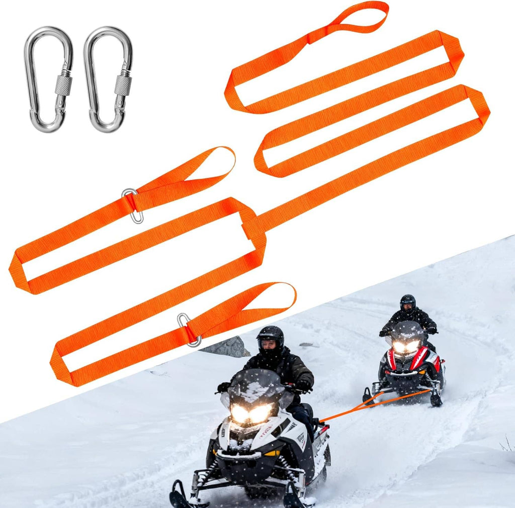 Orange snowmobile tow straps with two locking carabiners, arranged for long-distance towing
