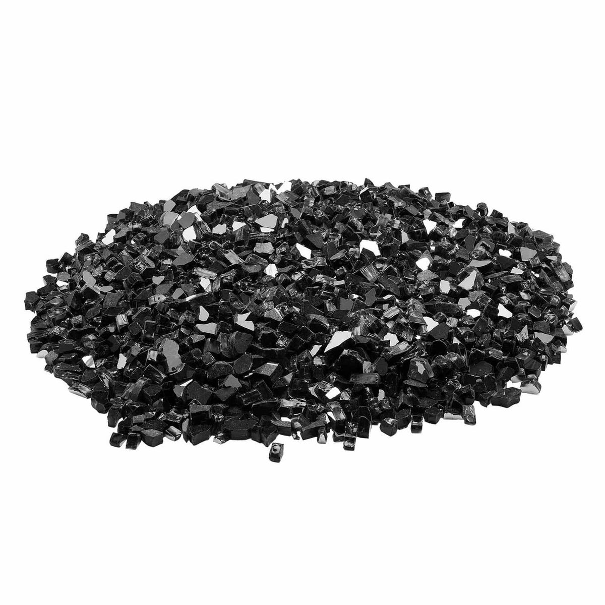 Black crushed glass stones for fire pit and fireplace, 1/2 inch pieces pile