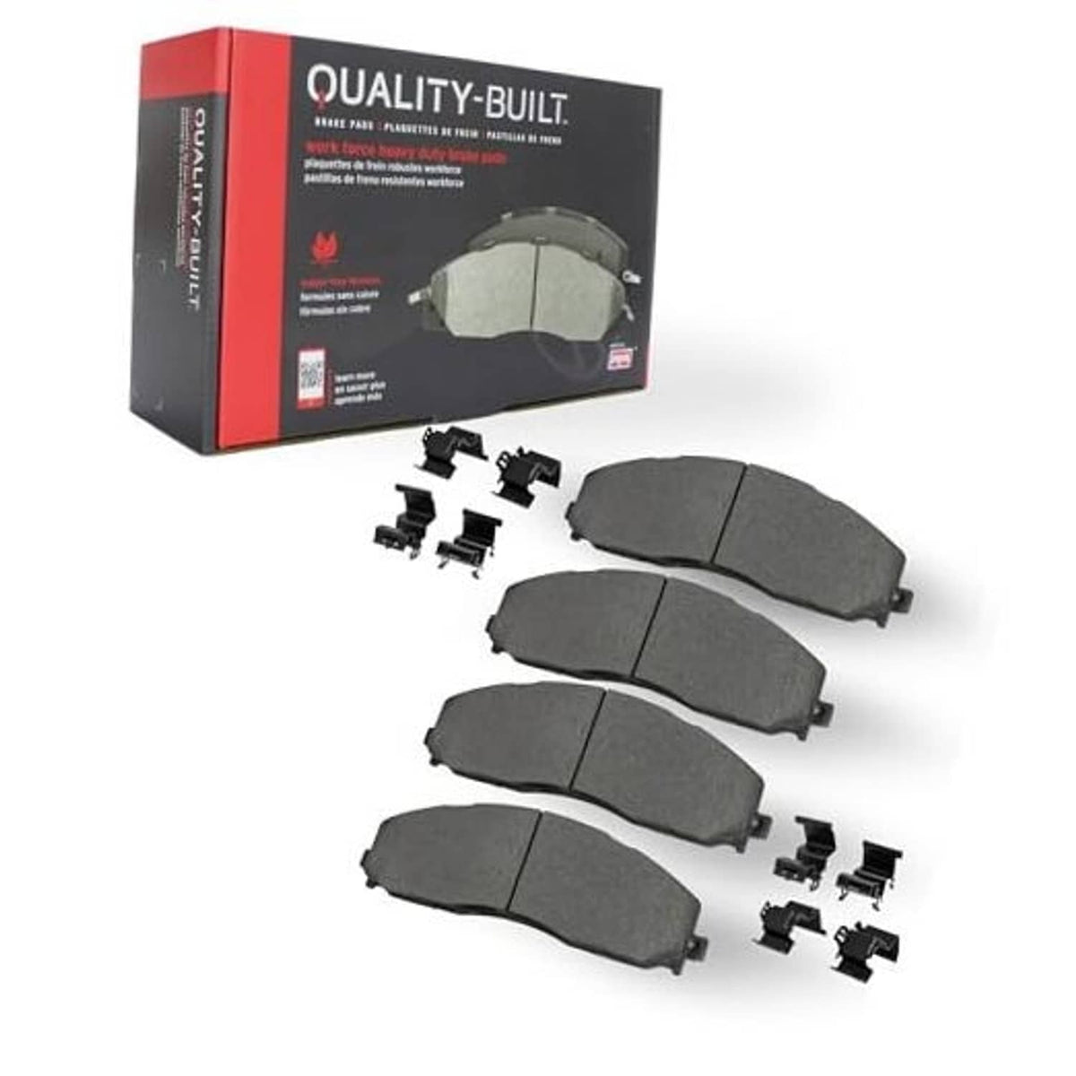 Front semi-metallic brake pads set in gray with mounting hardware and clips