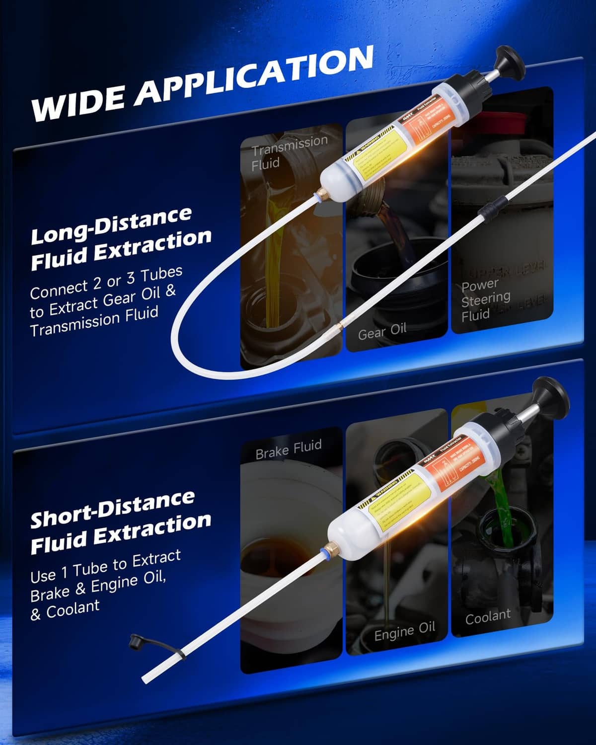 Manual fluid extractor and filler syringe with clear extension tube and orange label