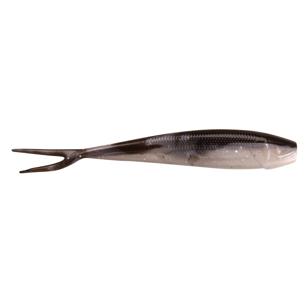 Soft fishing minnow lure, dark gray back and translucent belly, forked tail
