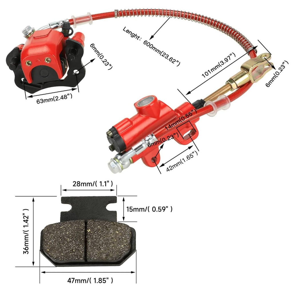 Red rear brake master cylinder caliper assembly with brake line, fittings, and brake pads