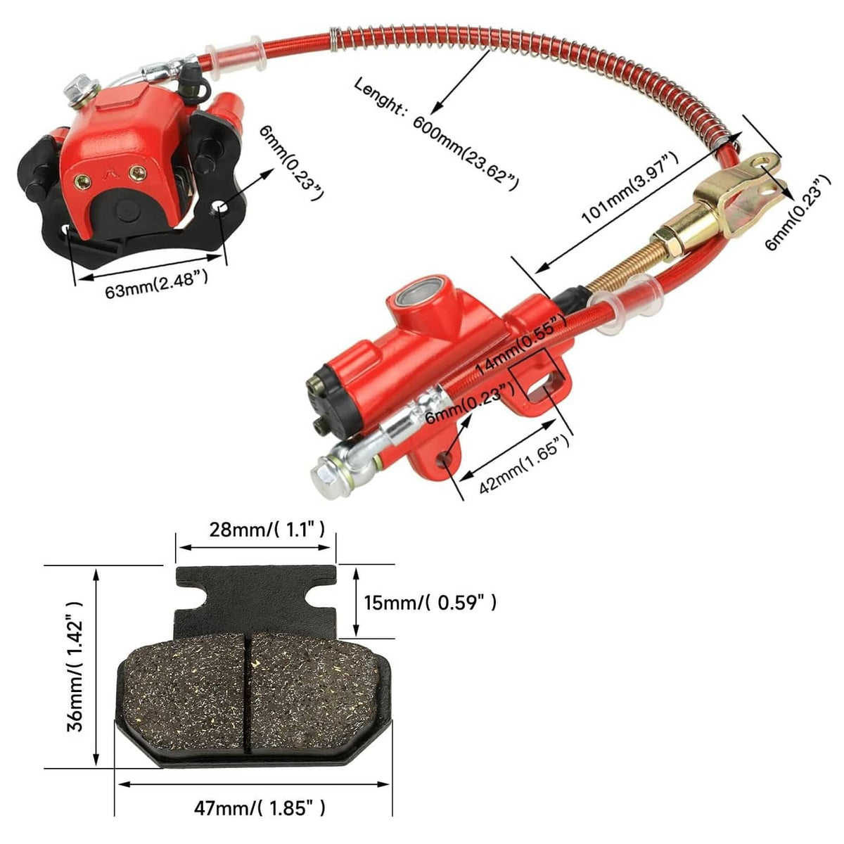 Red rear brake master cylinder caliper assembly with brake line, fittings, and brake pads