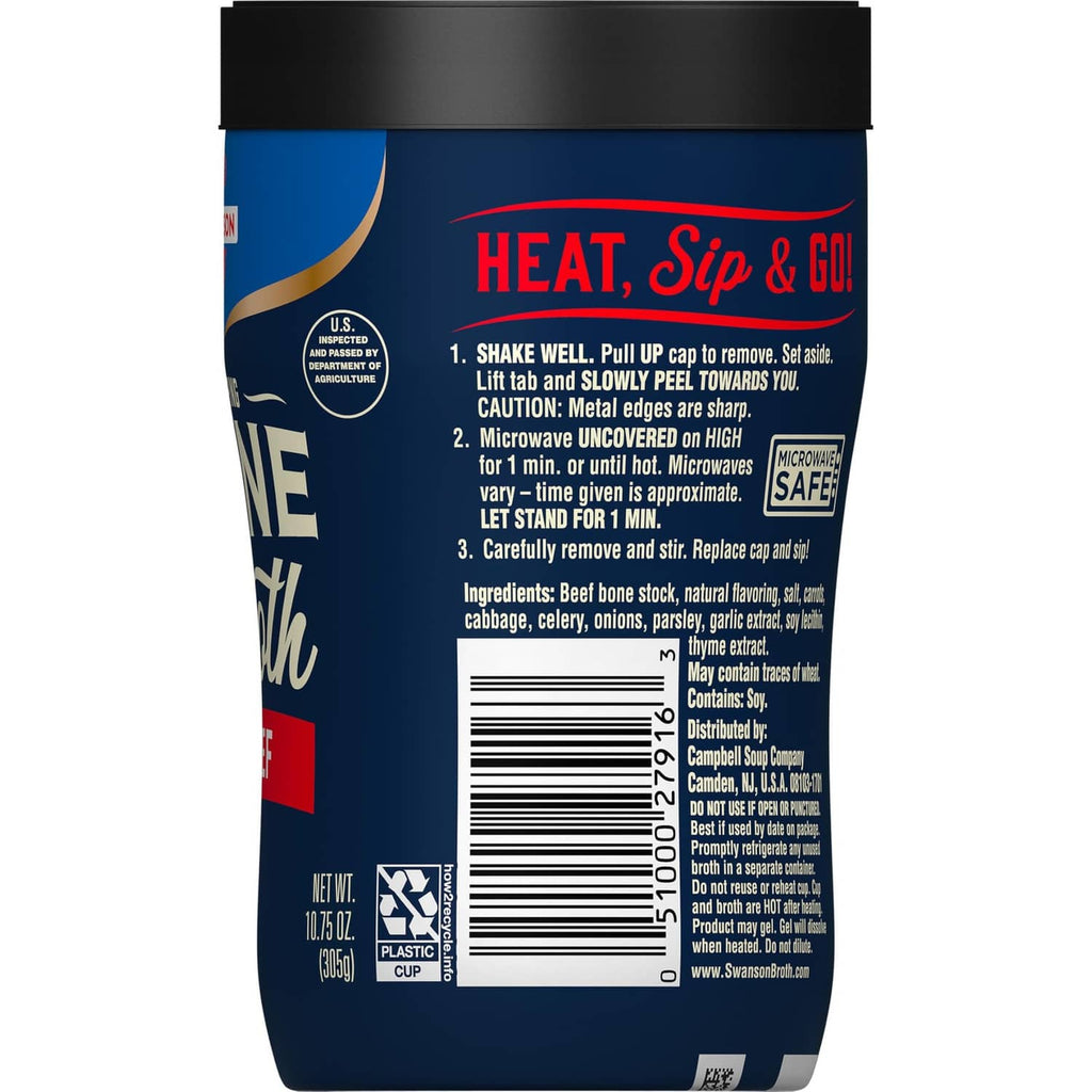 Rear label with Heat, Sip & Go directions and ingredients on bone broth cup