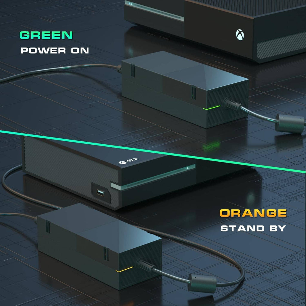 Black power supply brick with indicator light and connected AC power cord