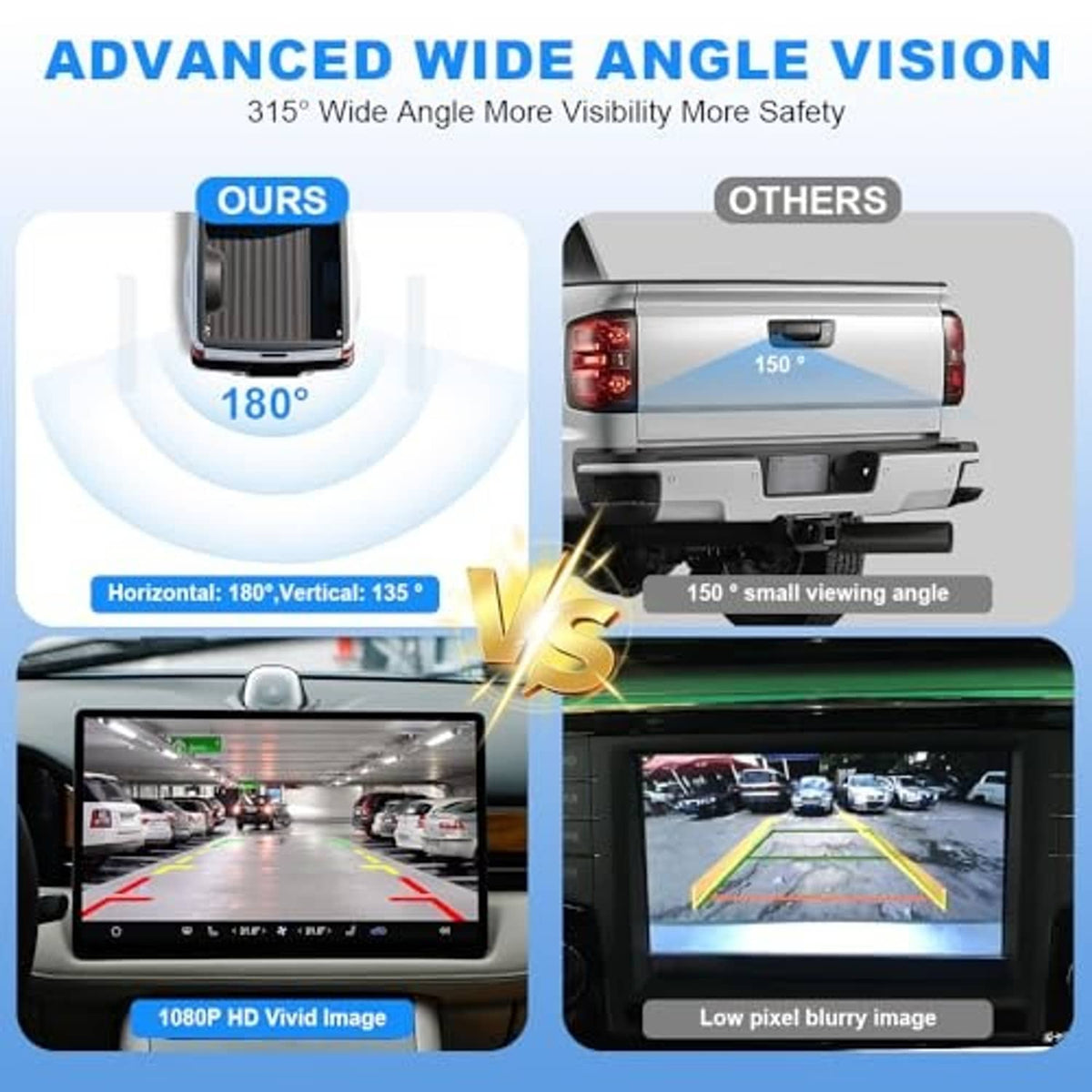 Rear tailgate handle backup camera with wide-angle comparison graphics