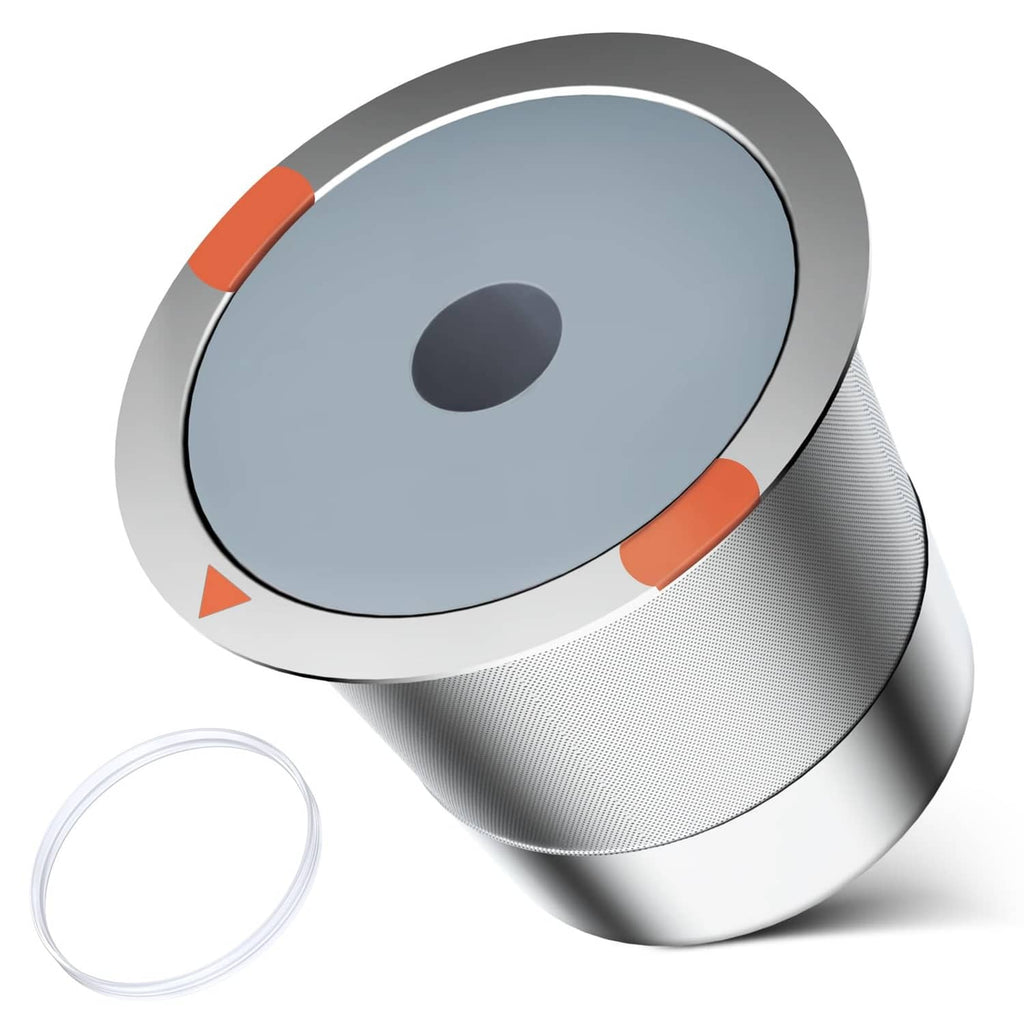 Stainless steel reusable K-cup pod with gray lid and orange silicone seal ring