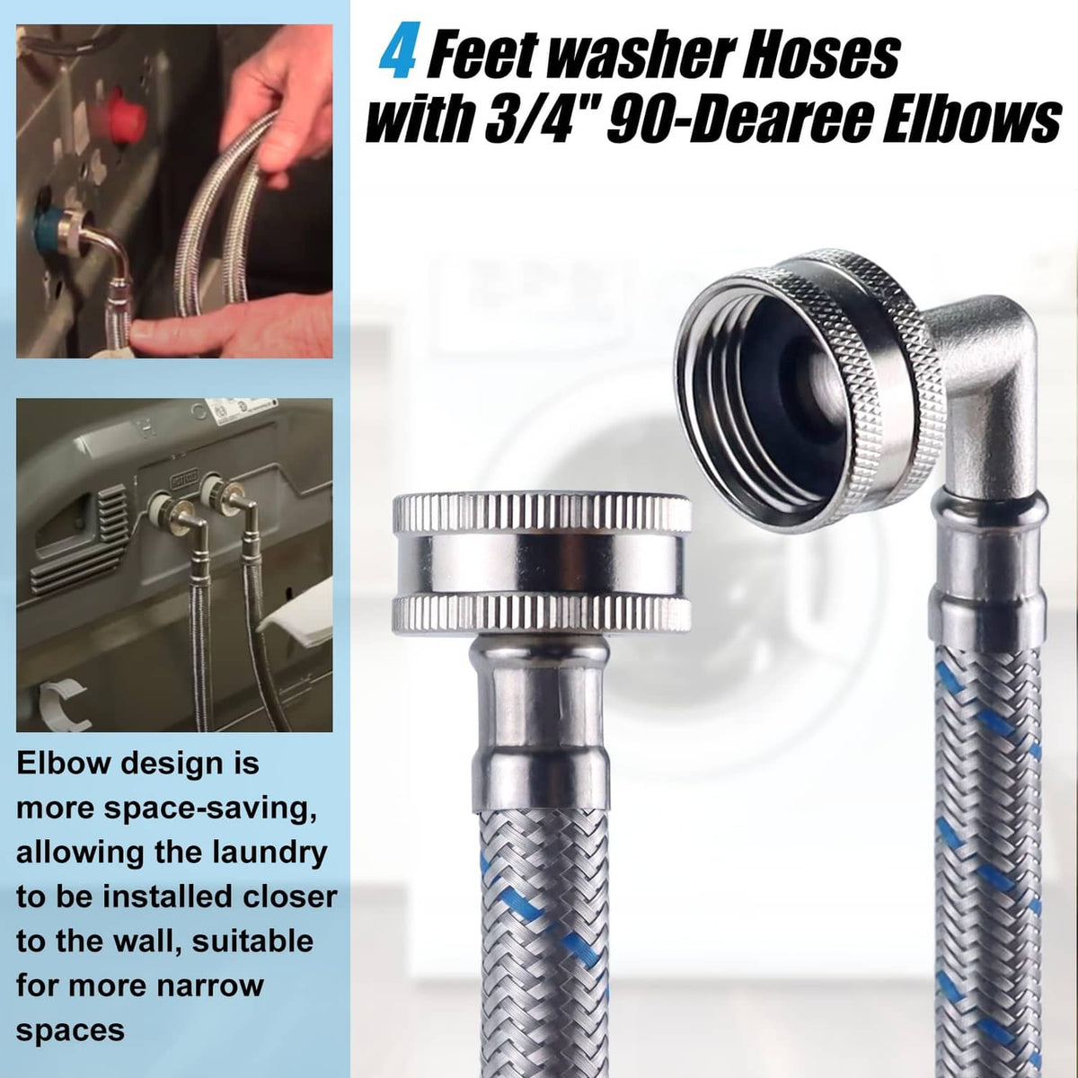 90-degree elbow stainless steel washer hose fitting with braided flex section