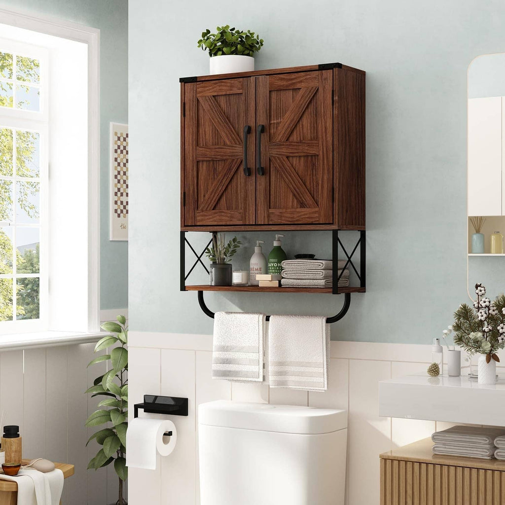 Wood wall cabinet with two barn doors, open lower shelf, and towel bar for bathroom storage
