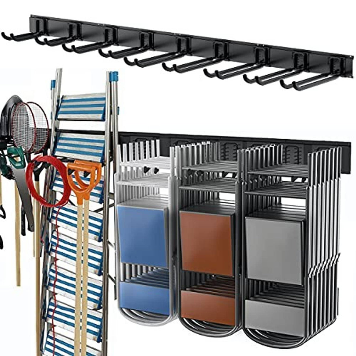 Black heavy-duty wall rack with row of hooks and hanging organizer bins