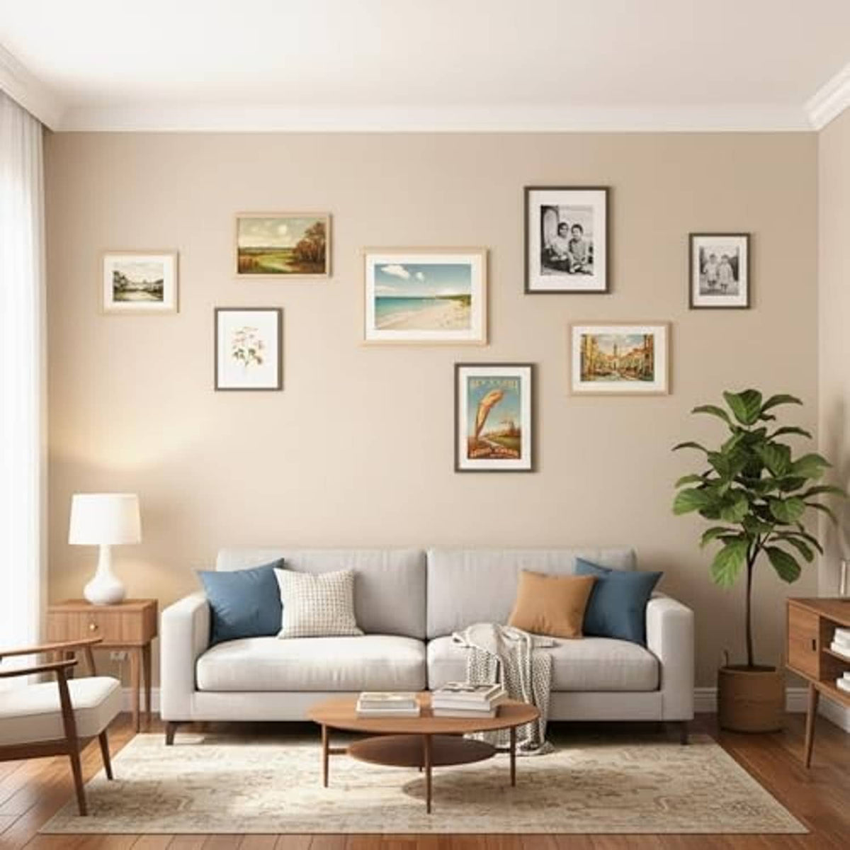 Light wood photo frames arranged on a wall