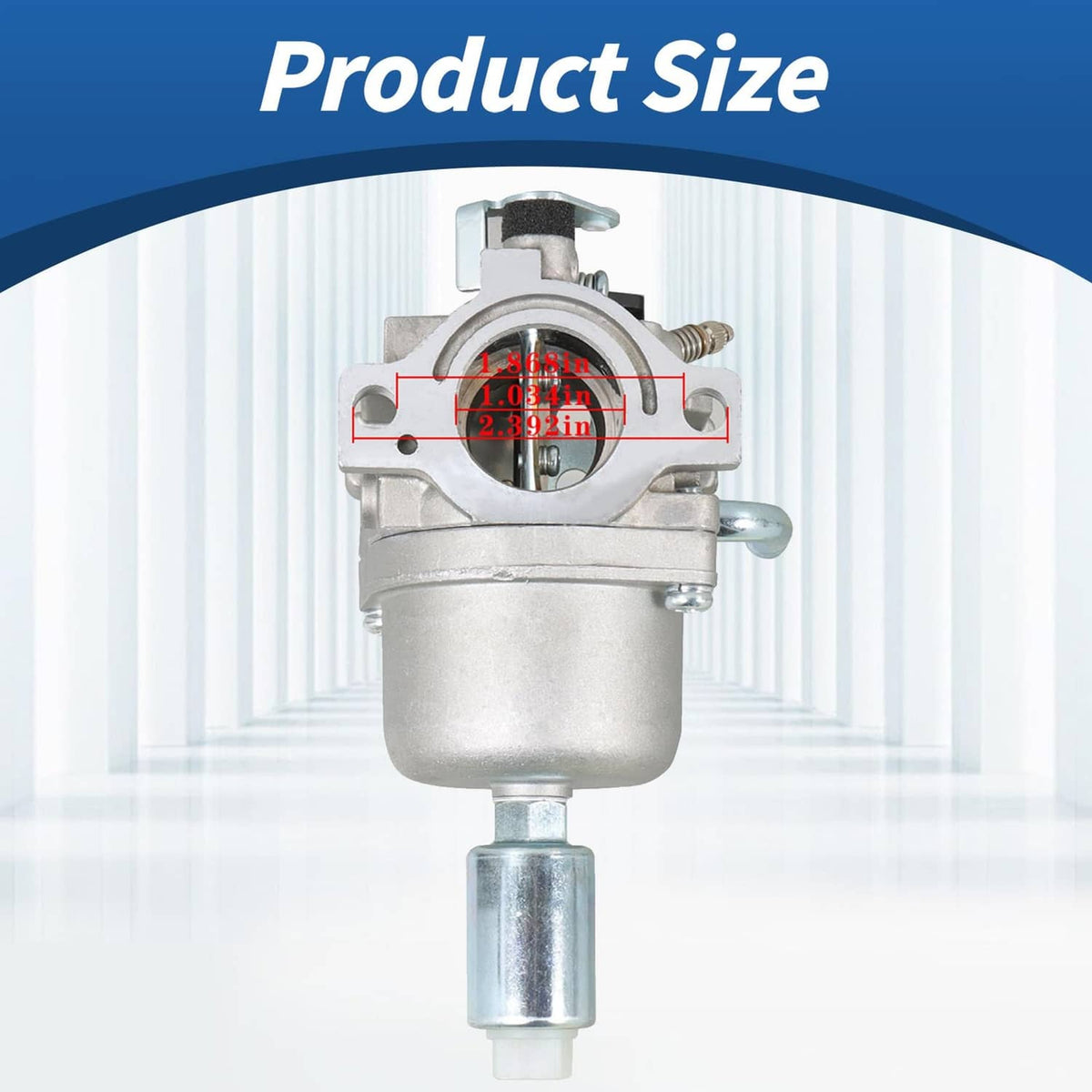 Front view carburetor assembly with circular intake bore, silver metal housing.