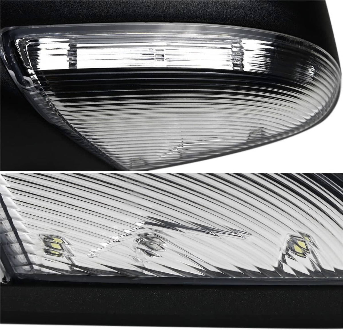 Close-up of clear ribbed turn signal lens on side mirror with reflective details
